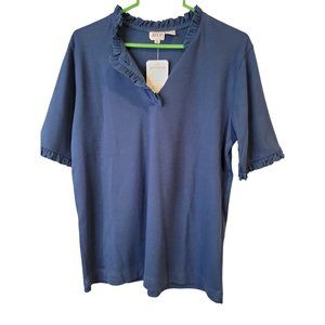 Vintage Jeana Size XL Womens Top 70's Blue Ruffle Short Sleeve Deadstock NWT